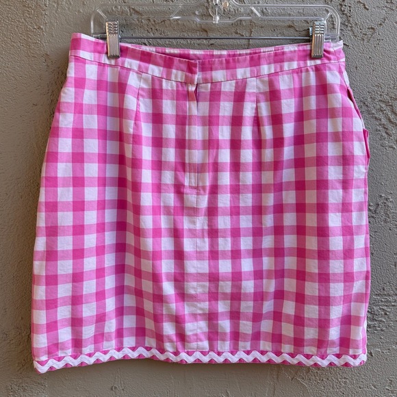 Lilly Pulitzer Pink White Gingham Wrap Skirt Ric Rac Trim Cottage Preppy Pocket - Picture 8 of 8